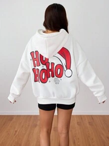 SHEIN Unity Áo hoodie nữ kiểu dáng thường ngày in họa tiết Giáng sinh, có lớp lót giữ nhiệt, thích hợp cho mùa thu. - trắng - Xem 3