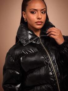 COSMINA 女士休闲纯色短款棉衣，冬季 - 黑色 - 查看 6