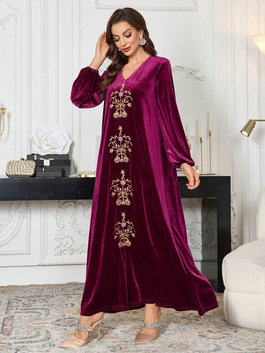 Al Najma Embroidered V-Neck Elegant Long Sleeve Velvet Dress, Autumn/Winter