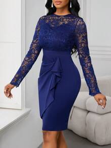 SHEIN Lady Robe à manches longues bleu marine quatre saisons en tissu de dentelle, robe courte ajustée à volants pour femmes - Bleu marine - Voir 4