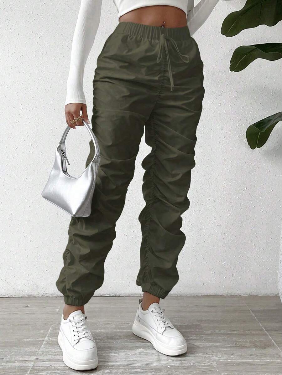 SHEIN LUNE Solid Ruched Pants Fall Cloth For Women - Army Green - View 1