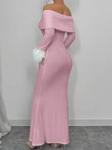Elenzga Vestido largo elegante con hombros descubiertos y puños esponjosos, color rosa - Rosa - Ver 2