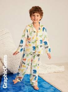 Young Boy Front Button Closure All Over Print Long Sleeve Top And Pants Pajamas Set - Beige - View 3