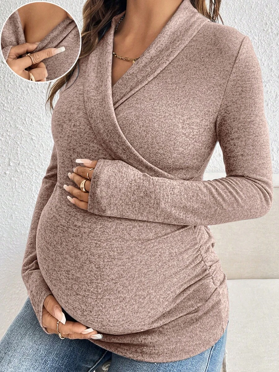 SHEIN V领褶饰长袖哺乳上衣，休闲日常穿着 - 粉色 - 查看 1