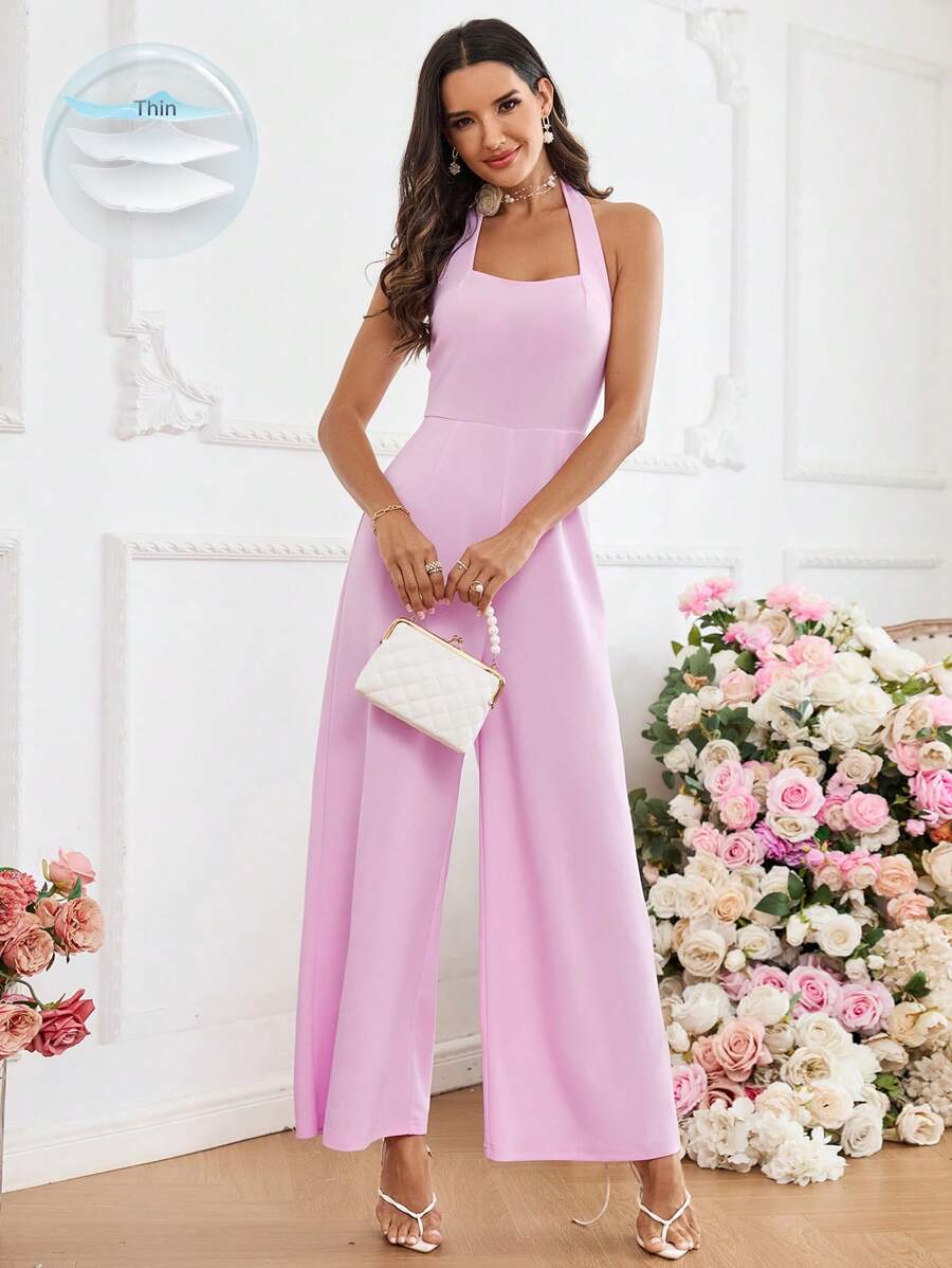 SHEIN Privé Women's Plain Halter Jumpsuit - Baby Pink - View 1