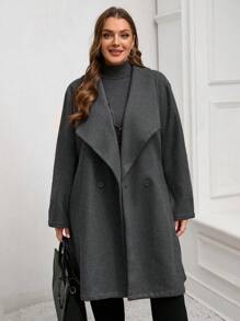 EMERY ROSE Plus Size Women Solid Color Lapel Long Sleeve Double-Breasted Casual Overcoat, Autumn/Winter - Grey - View 4