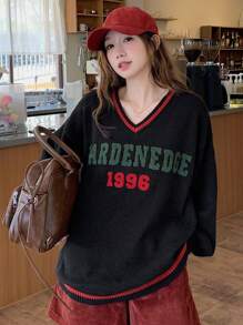 DAZY V-Neck Slouchy Pullover Sweater, Black, College Style For Women - Black - View 2