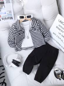SHEIN Playful Pals 男婴休闲时尚优雅千鸟格印花短外套搭配黑色裤子，适合春秋季节 - 黑與白 - 查看 2