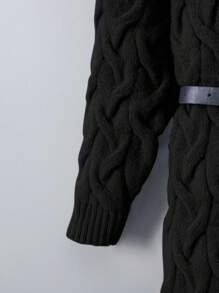 Young Girl Loose Fit Hooded Long Cardigan Sweater - Black - View 4