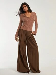 COSMINA Women's Solid Color Front Button Plain Suit Pants, Casual Daily Wear - Brown - View 3