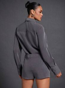 SHEIN Unity Winter Women Clothes, Sophisticated Charcoal Grey Shirt And Shorts Romper With Detachable Necktie Simple Fashion Daily Casual. For Office Wear, Business Casual, Outings, Everyday Wear, Business Women Clothes, Formal