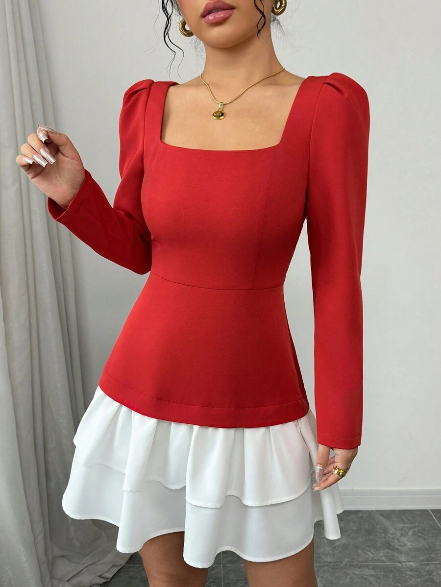 Elenzga Women's Elegant Contrast Color Ruffle Hem Square Collar Puff Sleeve A-Line Mini Dress, Perfect For Party And Commute, Spring/Autumn For New Year Clothes Fall Cloth For Women - Red - View 1