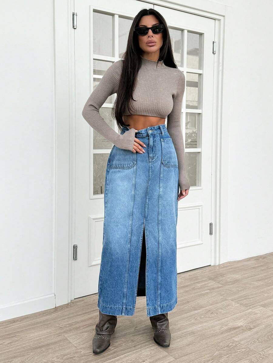 EURMUSE Women's Simple Front Button Pocket Split Hem Skirt, Casual Daily Wear - Medium Wash - View 1