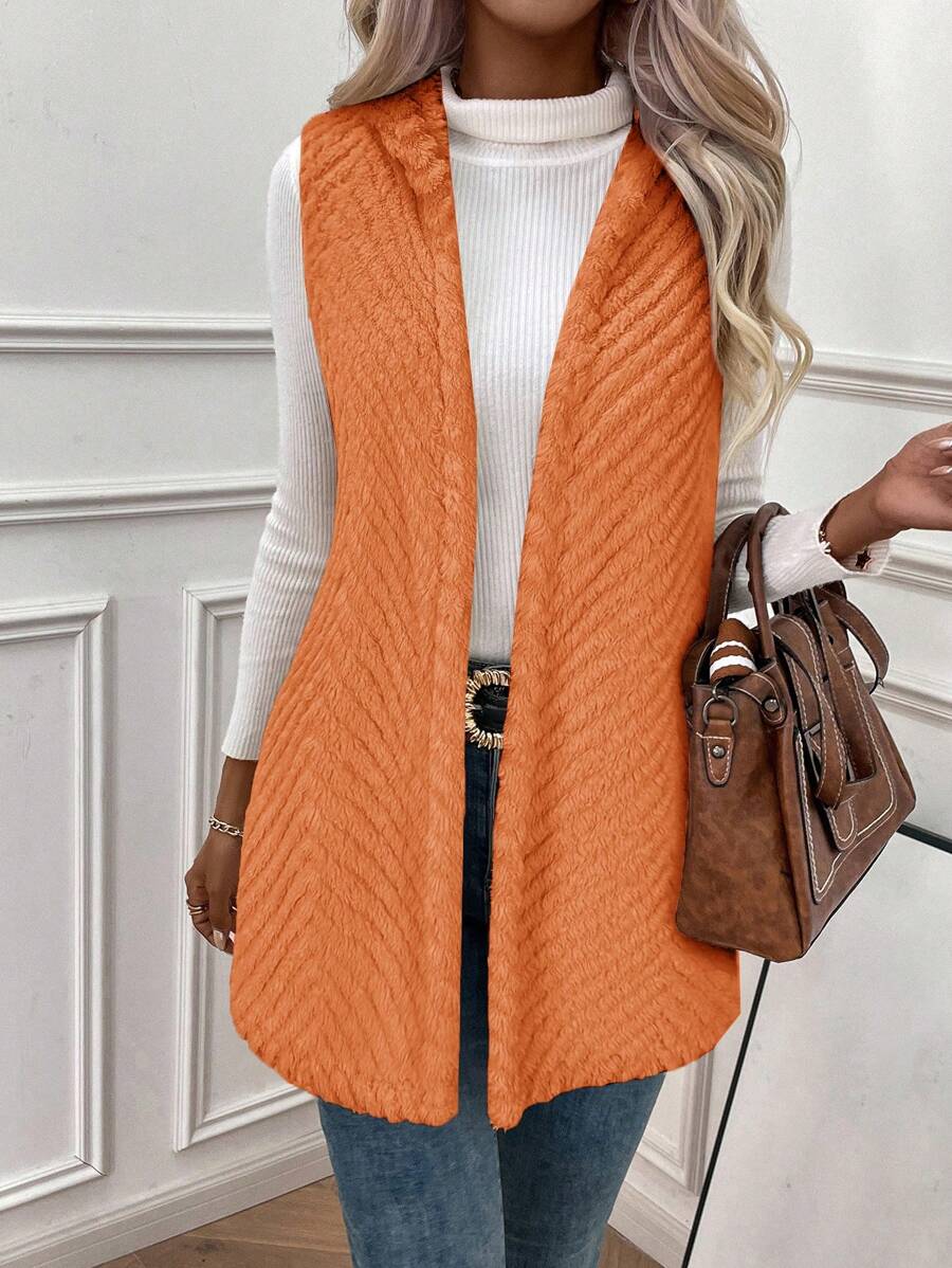 SHEIN LUNE Women's Casual Solid Color Fluffy Regular Jacket, Autumn/Winter - Orange - View 1