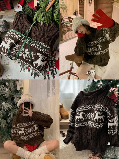 DAZY 1pc Women Cartoon Color Block Crew Neck Long Sleeve Sweater,Long Sleeve Tops,Fall Women Clothes Christmas,New Year