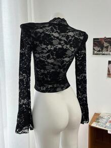 DAZY Women's Deep V-Neck Long Sleeve Ruffle Trim Casual Slim Fit Lace Tee Sheer