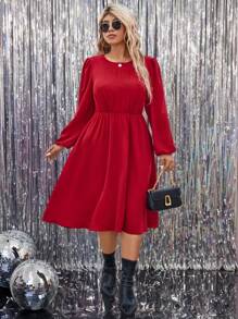 SHEIN LUNE Plus Size Women Solid Color Round Neck Long Sleeve Waist Ruched Midi Dress For Christmas For New Year Clothes - Red - View 4