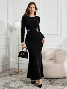 Modelyn 女士长袖优雅镶钻连衣裙 - 黑色 - 查看 9