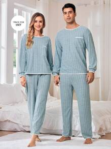 CoupledUp Men's Plush Ribbed Splice Trim Long Sleeve & Long Pants Pajama Set - Blue - View 3