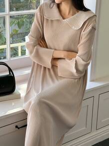 DAZY Women's Solid Color Long Sleeve Collared Simple Long Dress, Casual Everyday Wear