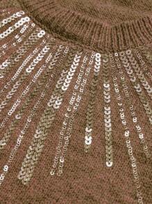 SHEIN Clasi Áo len dài tay cổ tròn trễ vai cỡ lớn đính sequin tương phản cho nữ, thời trang và đa năng cho mùa thu/đông - màu nâu - Xem 7