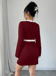 SHEIN Unity 女士纯色拼布前扣长袖口袋休闲短款连衣裙新年衣服 - 紅色 - 查看 2