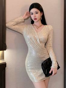 DAZY Women's Ruffle Glamorous V-Neck Sequin Party Short Dress With Long Sleeves Prom Dress Party Women,Mini Dress