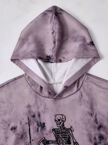 Manfinity Dauomo Men's Casual Streetwear Skeleton & Slogan Print Tie Dye Drop Shoulder Oversized Hoodie - Purple - View 4