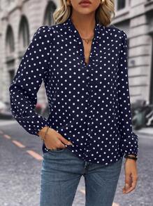 EMERY ROSE Women's Casual Loose Polka Dot Print Lantern Sleeve Shirt(Random Print), Autumn Fall Cloth For Women - Royal Blue - View 4