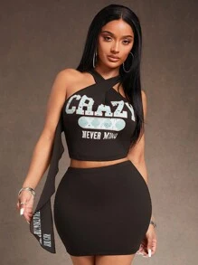 SHEIN SXY New Year's Elegant Sexy Nightclub Must Have Valentine's Day Casual Street Y3K ICON Black Vintage Print Halter Vest With Streamers And Low-Rise Mini Skirt Two-Piece Set