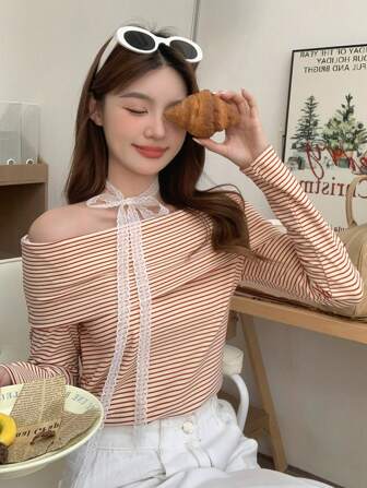 DAZY Women Solid Color Off The Shoulder Knit T-Shirt, Christmas Red, Suitable For Chinese New Year , Spring/Summer/Autumn Long Sleeve Women Tops,Fall Women Clothes