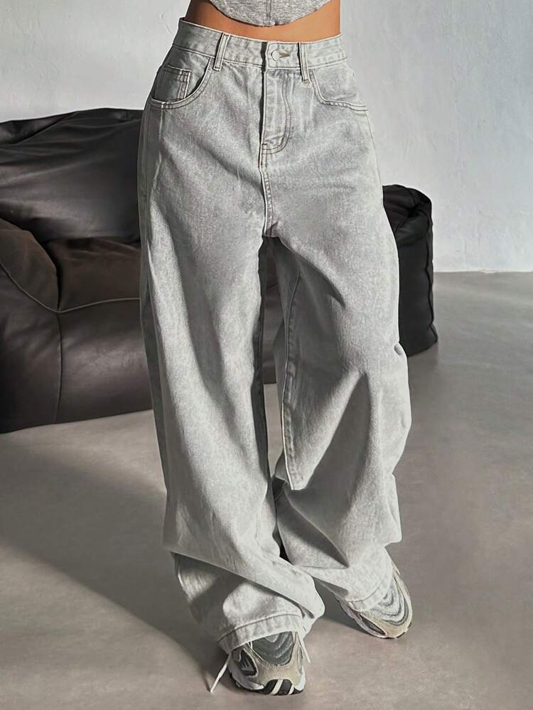 Washed-Out Wide-Leg Jeans For Women, Loose Pants,Baggy Jeans