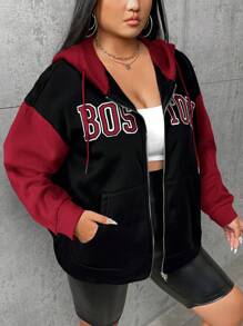 CovetEZ Plus Size Women's Autumn And Winter Warm Contrast Sweatshirt Jacket Graduation,Back To School Outfits,Graduation,Teacher Outfits For Women,Back To School - Red - View 4