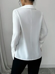 Elenzga Women's Simple Elegant Loose Draped Neck Long Sleeve Blouse - White - View 2