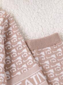2pcs Baby Girls Sweater Co-Ords Set,Dusty Pink Knitted Houndstooth Round Neck Long Sleeve Pullover&Wide Leg Pants,Cute Autumn Outfit Matching Family - Multicolor - View 3