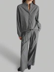 Ontre Koszula damska damska 2025 New Casual Urban Style Chinese Collar Striped Element Wiosna/Lato Szara Luźna Regularna, Uniwersalna Codzienna Moda