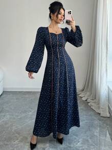 Modelyn Women's Ditsy Floral Sweetheart Neck Lantern Sleeve Maxi Elegant Abaya Dress, Modest - Navy Blue - View 3