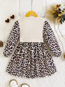 SHEIN 1 chiếc váy chữ A họa tiết da báo cổ tròn màu mơ cho bé gái tuổi mới lớn, cạp chun co giãn, thoải mái hàng ngày, thích hợp mặc ở nhà, mùa thu/đông - Màu be - Xem 2