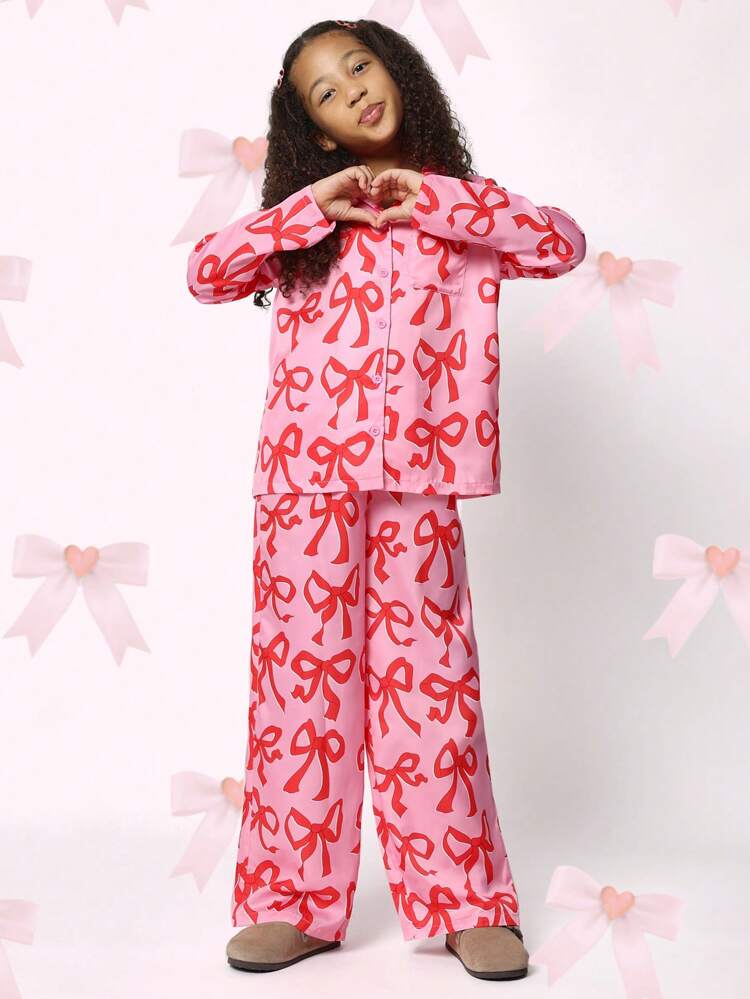 Bow Print Satin Pajama Set With Button Up Top