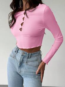 Aloruh Romantic Date White Fitted Long Sleeve Crop Rib Knit Round Neck Ruffle Bow Slit Women T-Shirt - Pink - View 5