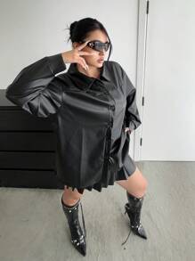 Flirla Chaqueta de piel sintética con cuello vuelto, de manga larga, estilo callejero casual de moda, chaqueta negra de piel sintética para invierno, tallas grandes - Negro - Ver 7