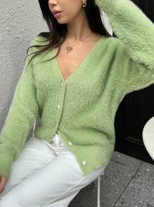 INAWLY Women's Casual Solid Color Cardigan, Autumn/Winter - Mint Green - View 4