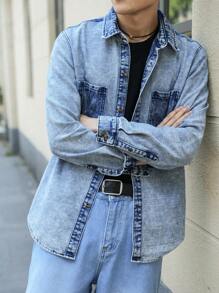 Manfinity Homme Men's Casual Autumn Double Pocket Washed Denim Shirt - Blue - View 7