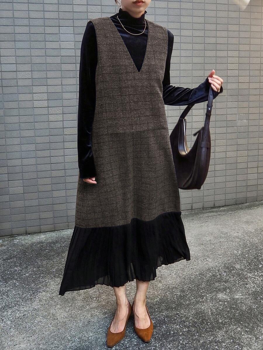 FRIFUL Vestido de suéter largo y grueso a cuadros para mujer, forrado térmicamente para otoño e invierno