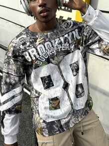 Men's Round Neck Splicing Camo Tree Branch & Oversized Numeral Print Sweatshirt, Street Fashion - Multicolor - View 4