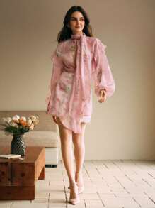 Anewsta 法式茶会花卉印花珍珠和水钻点缀波浪下摆高腰半身裙 - 彩色 - 查看 6