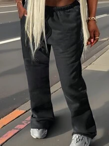 INAWLY 女士休闲纯色抽绳腰运动裤 - 黑色 - 查看 4