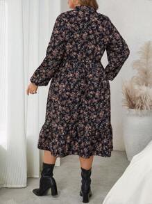SHEIN LUNE 大码女式优雅碎花V领主教袖荷叶边下摆连衣裙新年女装连衣裙女士冬季情人节商务休闲女装 - 彩色 - 查看 2