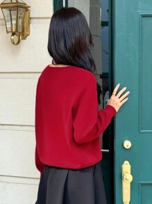 DAZY 女士V领红色节日优雅开衫，秋季服装 - 紅色 - 查看 5