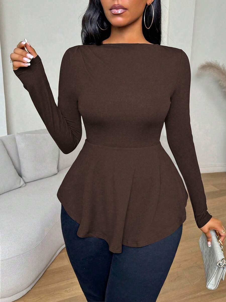 VaVaBold 纯黑色露肩荷叶边下摆修身长袖女式 T 恤、黑色上衣、秋季服装、秋季女装、喇叭裤 - 棕色 - 查看 1